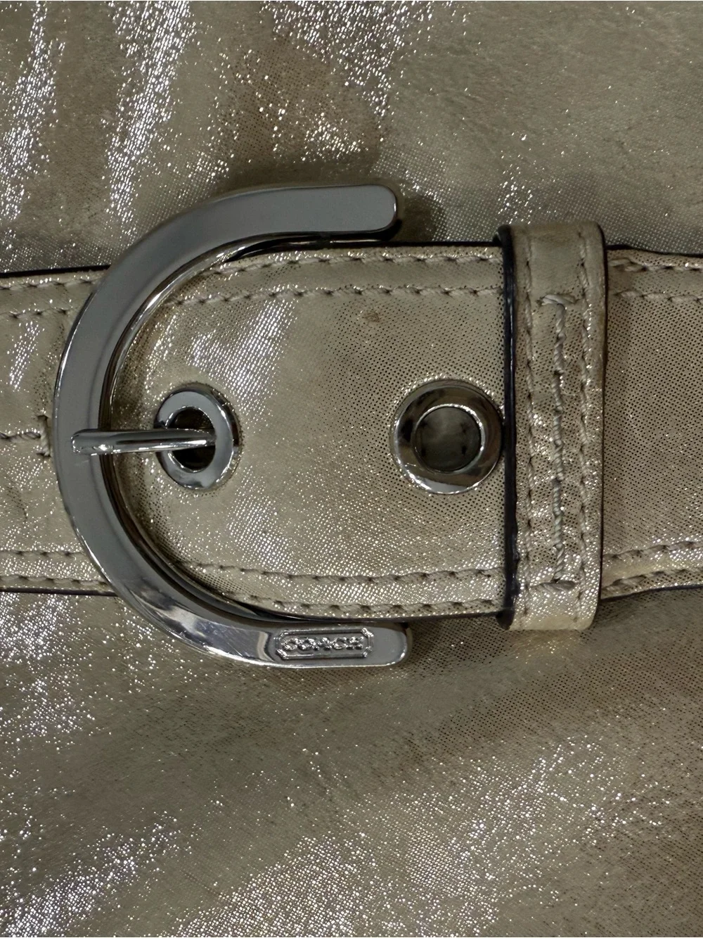 Coach Metallic Gold Leather Hobo Shoulder Bag Large Buckle Silver Hardware